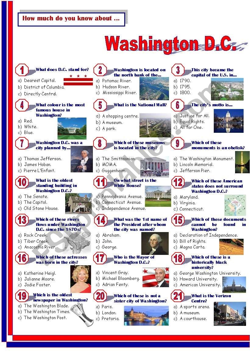 Washington D C Quiz ESL Worksheet By Jayce