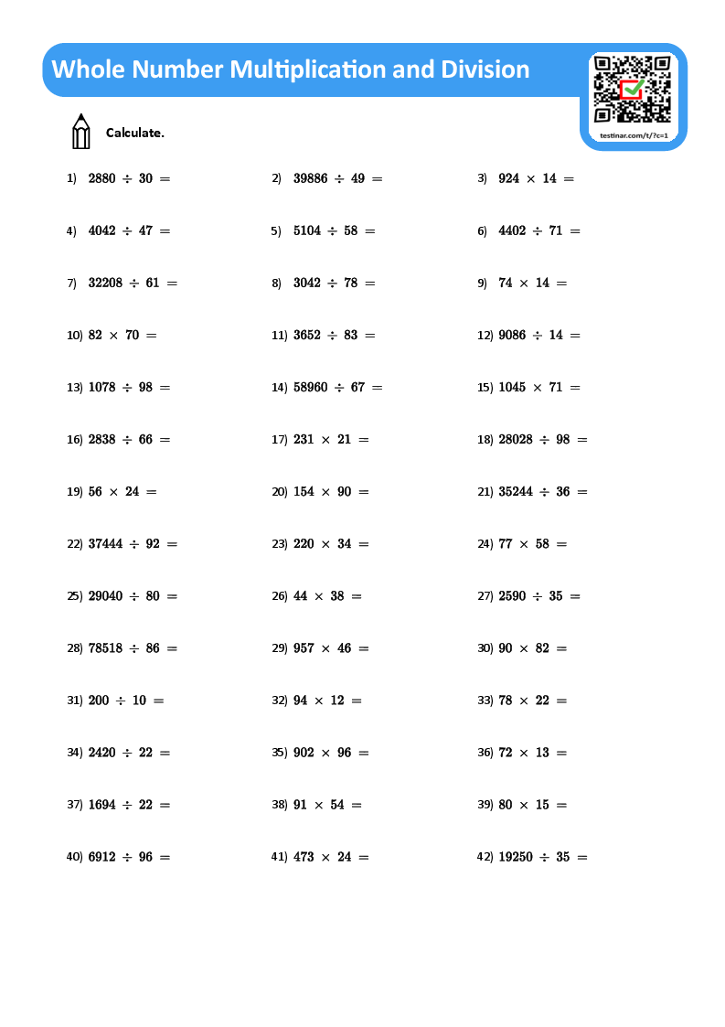 Whole Number Multiplication And Division Worksheets