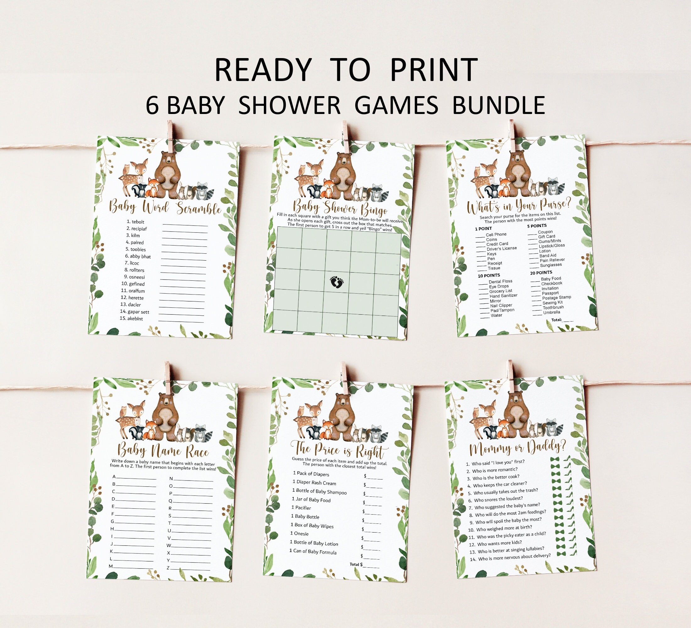 Woodland Baby Shower Games Bundle Greenery Woodland Animals Baby Shower Games Forest Baby Shower Game Printable NOT Editable 0120 Etsy