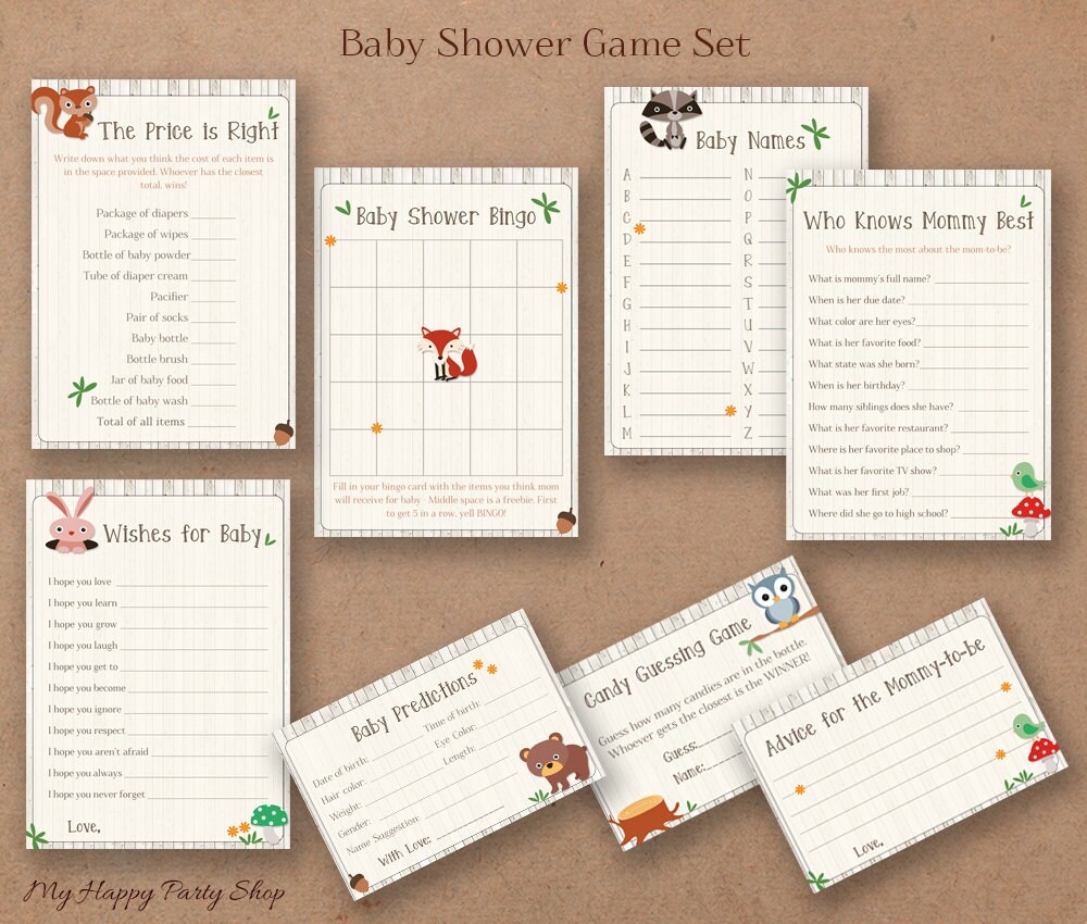 Woodland Baby Shower Games Set PRINTABLE Forest Animals Baby Shower Games Digital File Set Of 8 Animals Baby Shower Game Set BSU001 Etsy