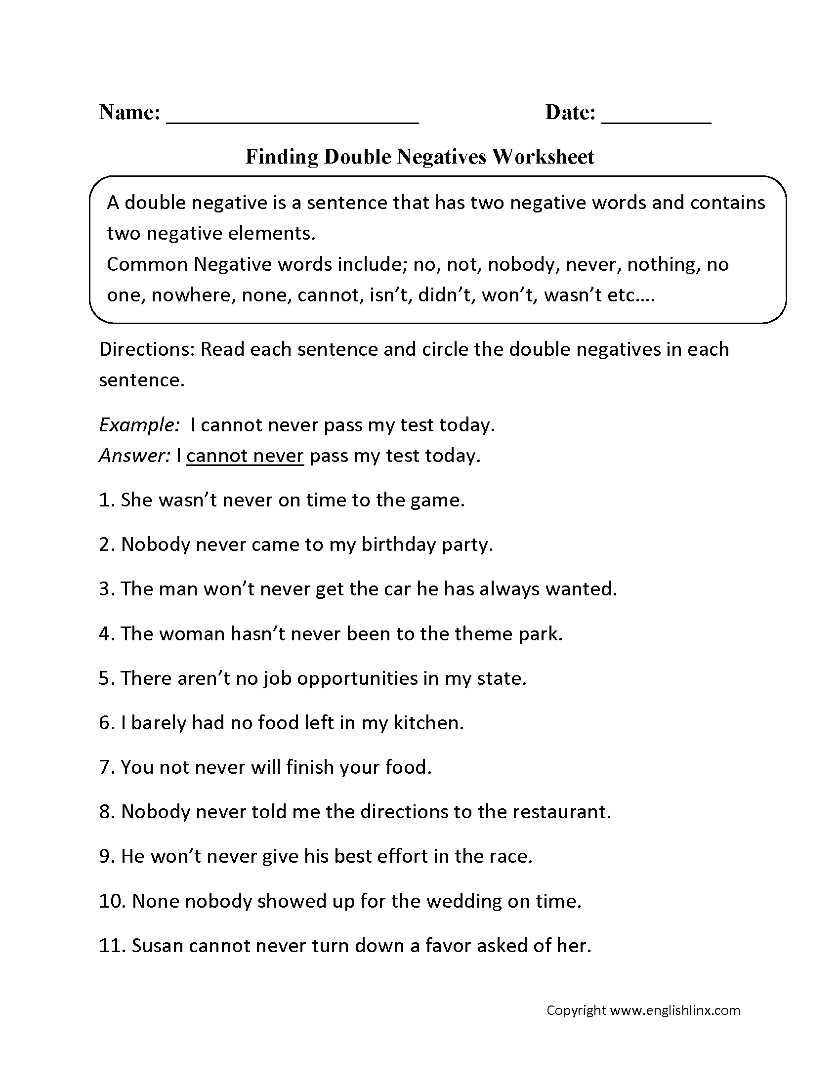 Word Usage Worksheets Negatives Worksheets