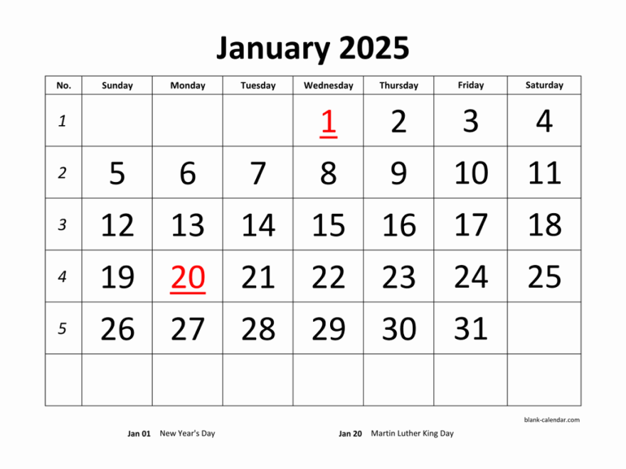 Free Download Printable Calendar 2025 Large Font Design Holidays On Red