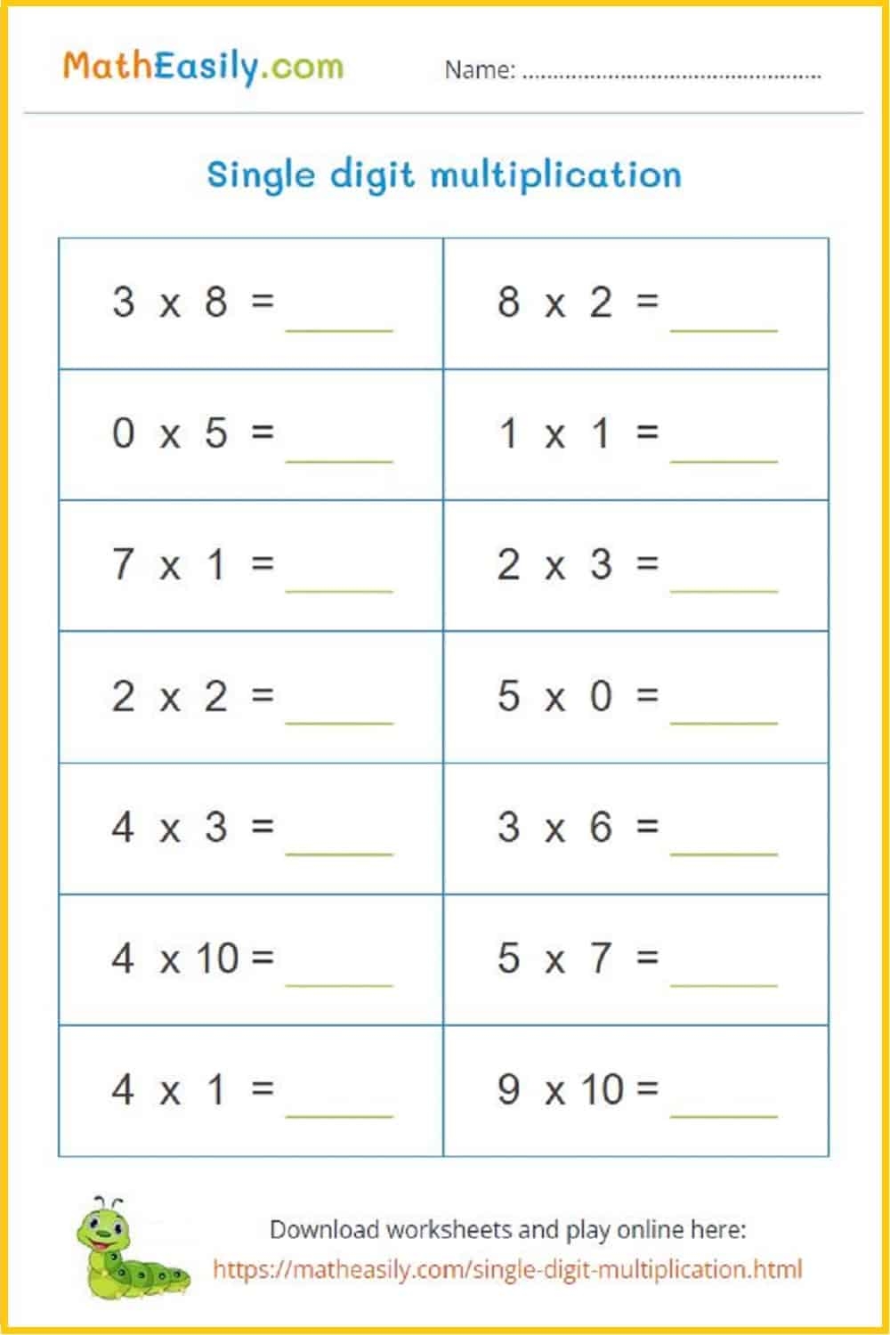 Single Digit Multiplication Worksheets Printable Free