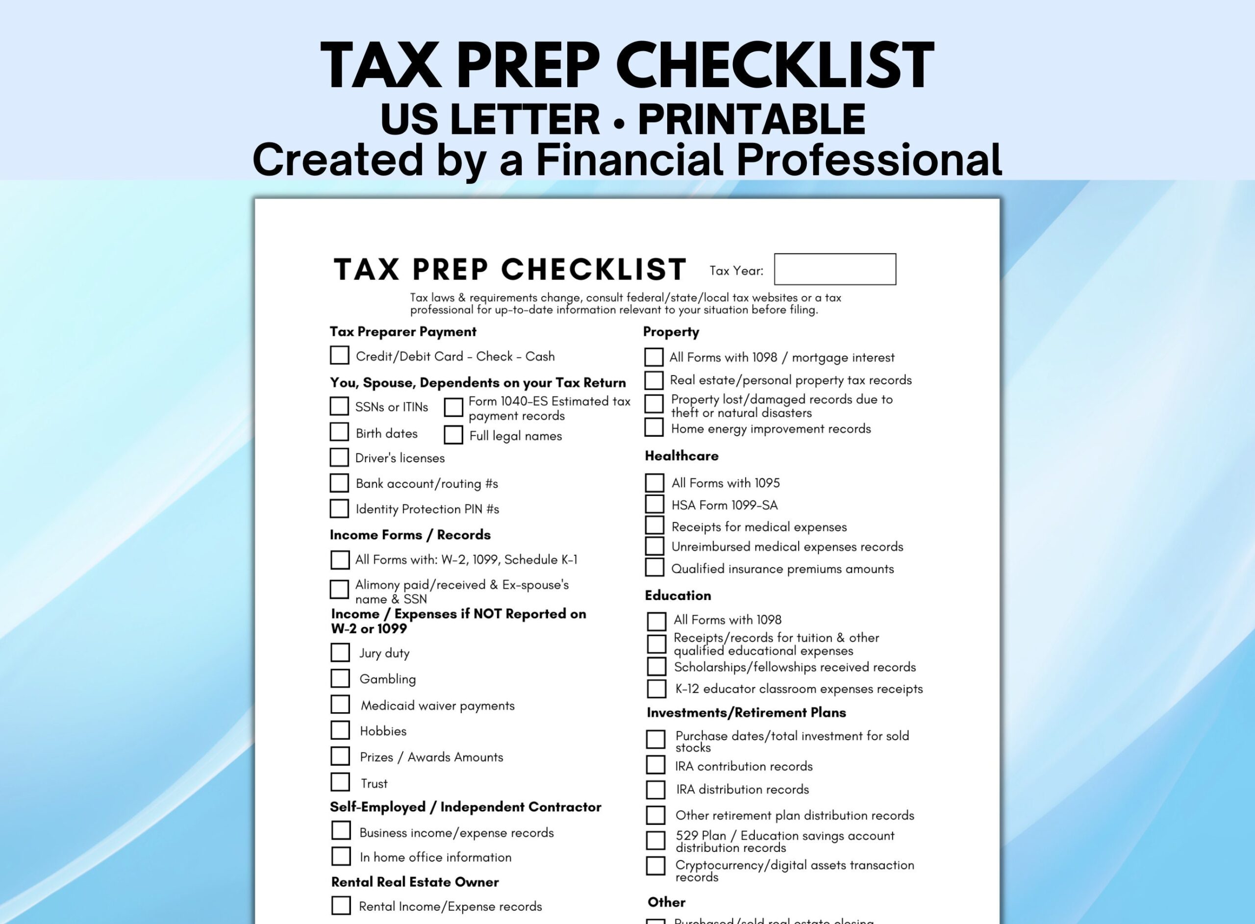 Printable Tax Form Checklist